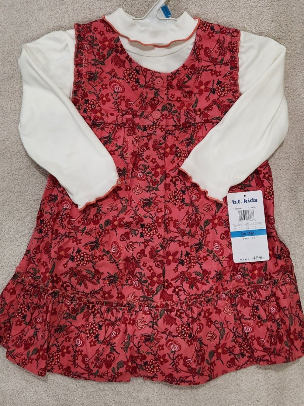 B.T. Kids - Girls' 3-Pc Coral Corduroy Jumper Set